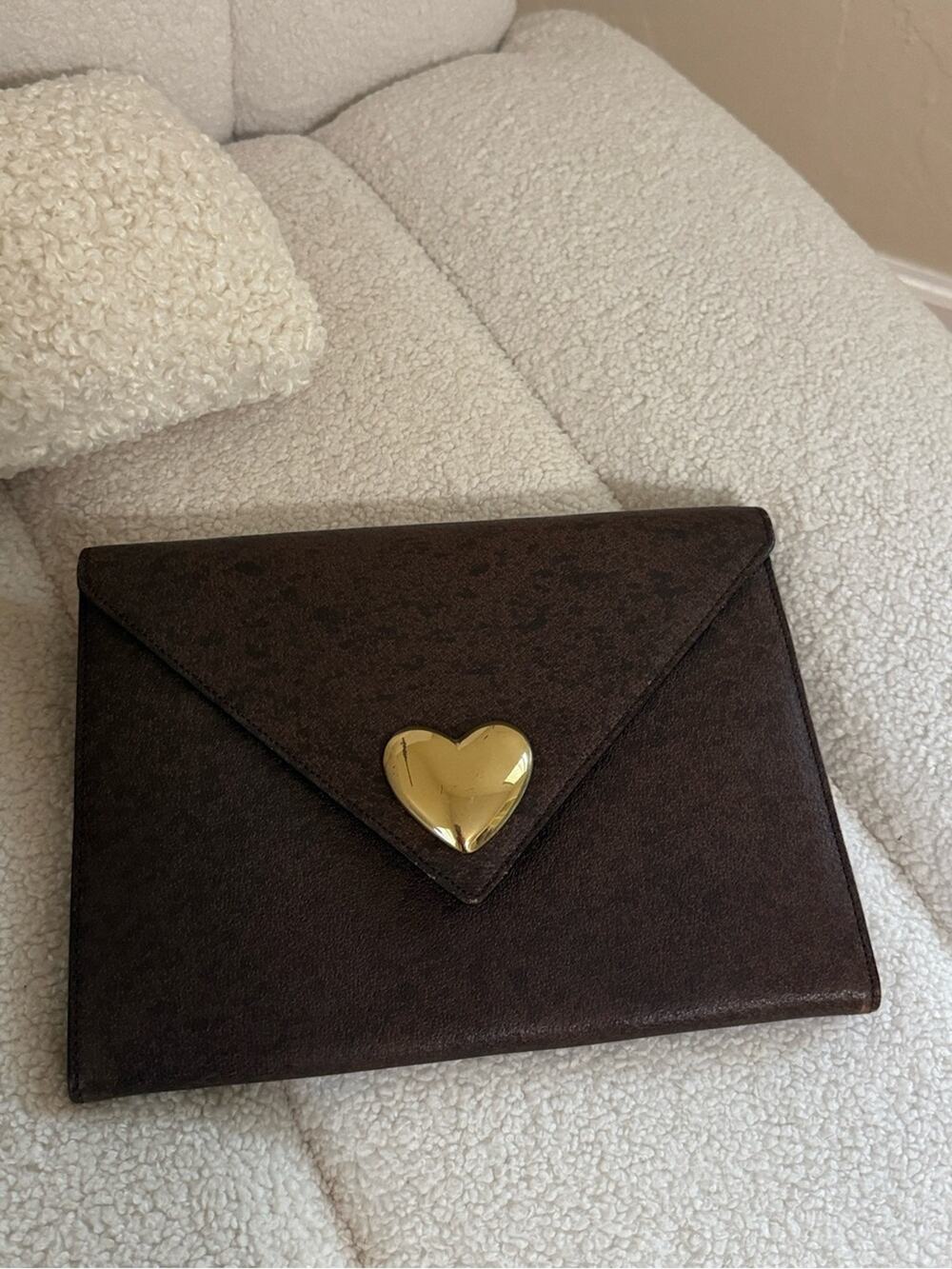 Vintage 90’s MOSCHINO Leather Envelope Clutch with Gold Heart Brown Large